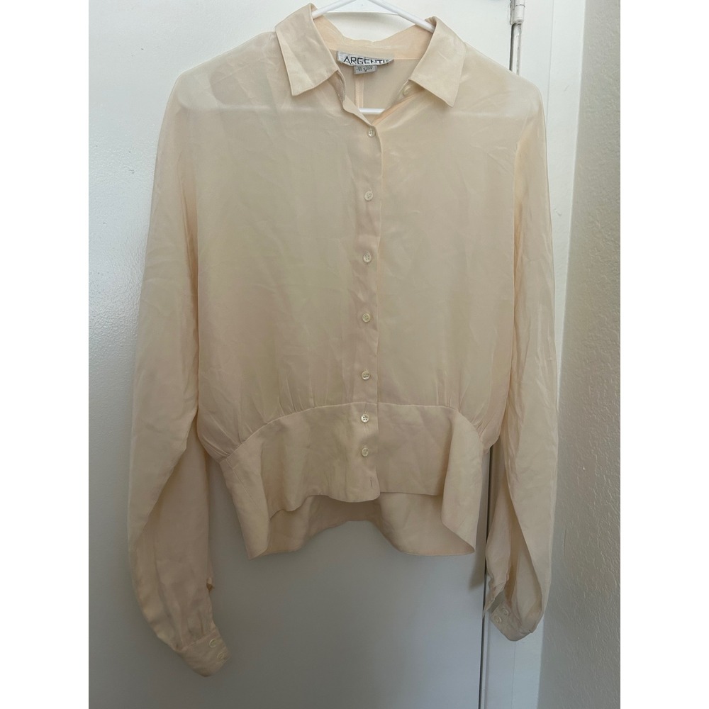Vtg Argenti Blouses Cream 100% Silk Button Down Cinched Waist Shirt Size 8
